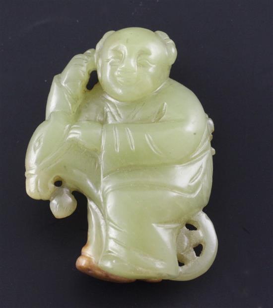 A Chinese yellow and russet jade boy pendant, 4cm